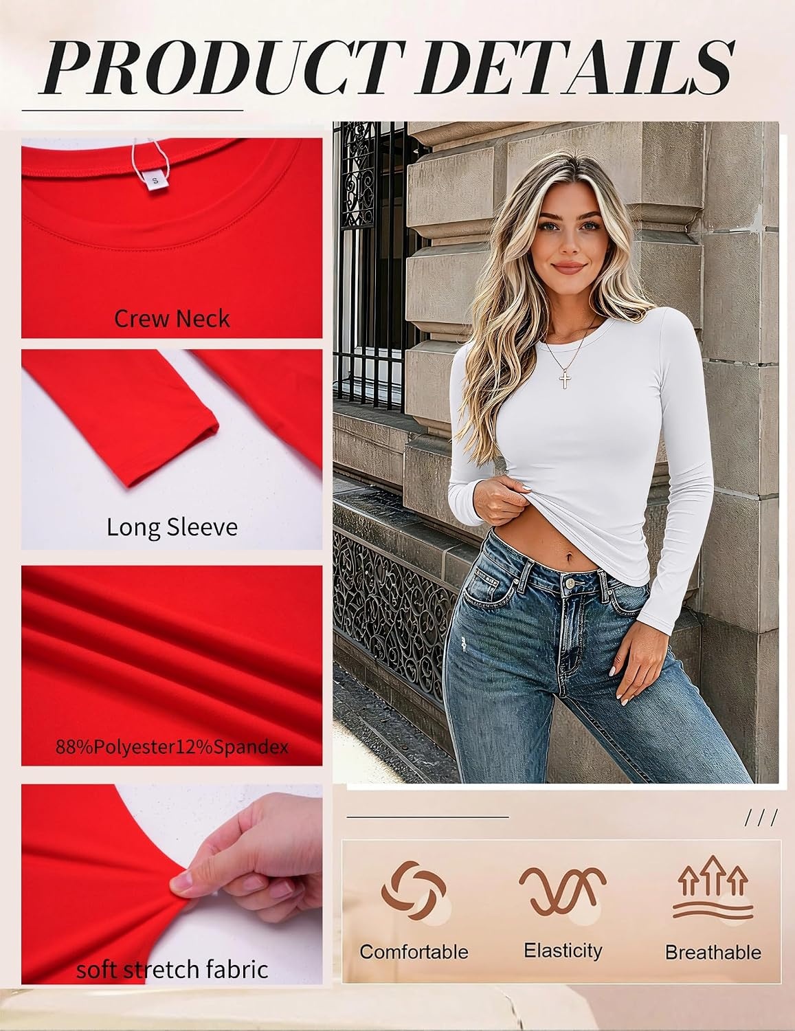 image:imageZeagoo Women Long Sleeve Shirts Slim Fit Going Out Tops Crewneck Basic TeeWhite