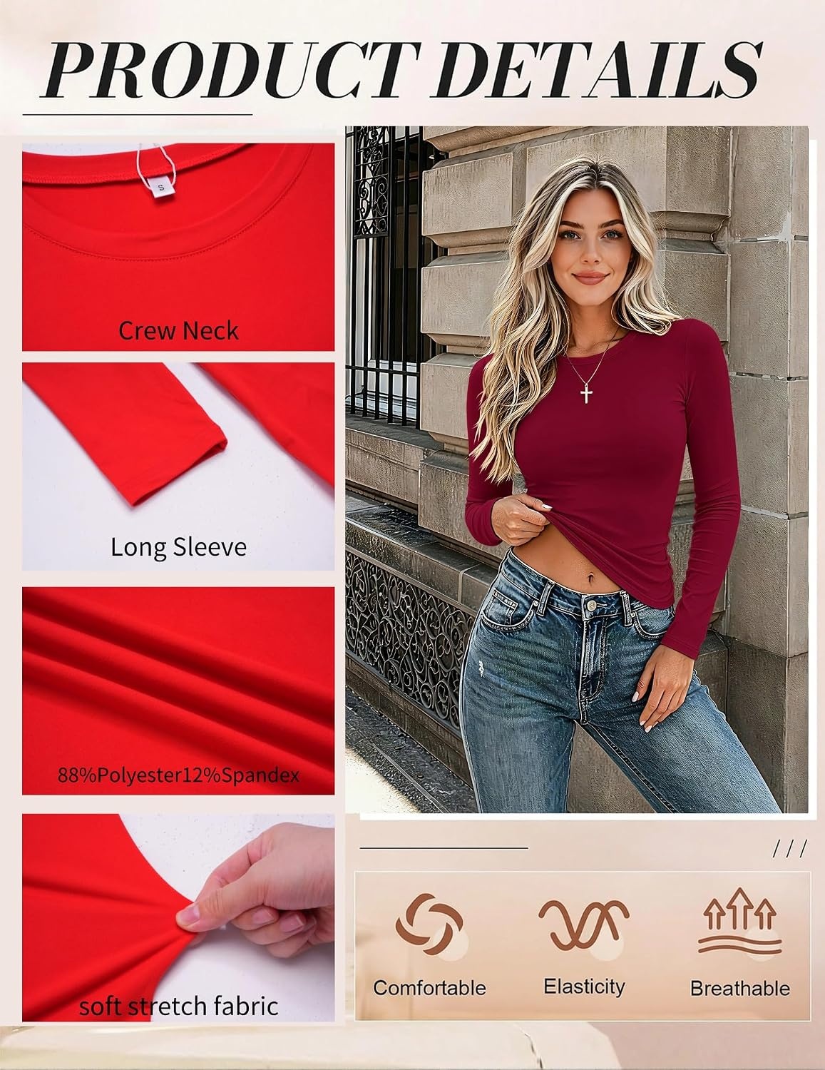 image:imageZeagoo Women Long Sleeve Shirts Slim Fit Going Out Tops Crewneck Basic TeeWine Red