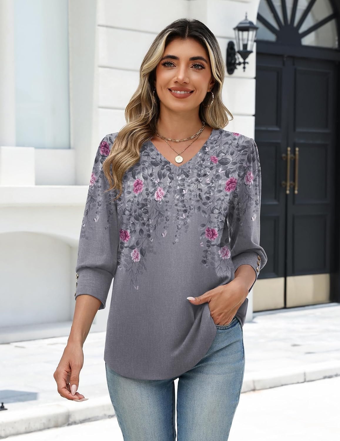 image:imageZeagoo Womens 34 Sleeve V Neck T Shirts Dressy Casual Tops01hf36