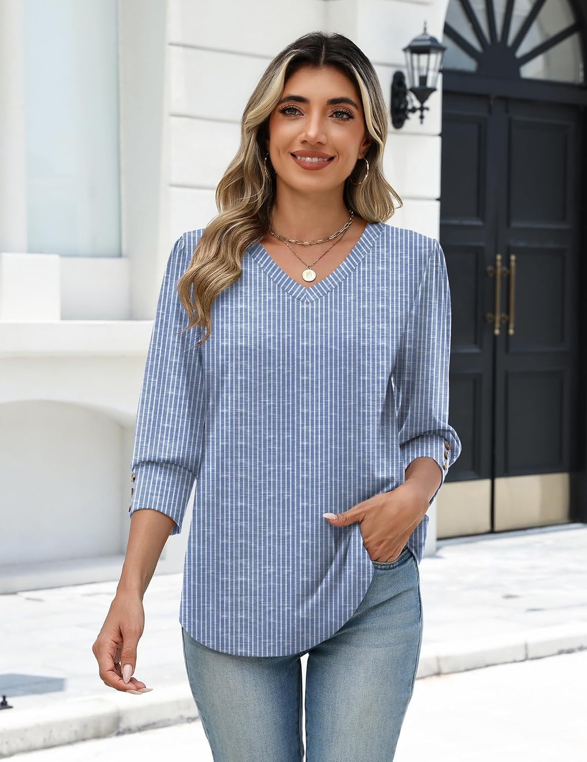 image:imageZeagoo Womens 34 Sleeve V Neck T Shirts Dressy Casual Tops01tz273