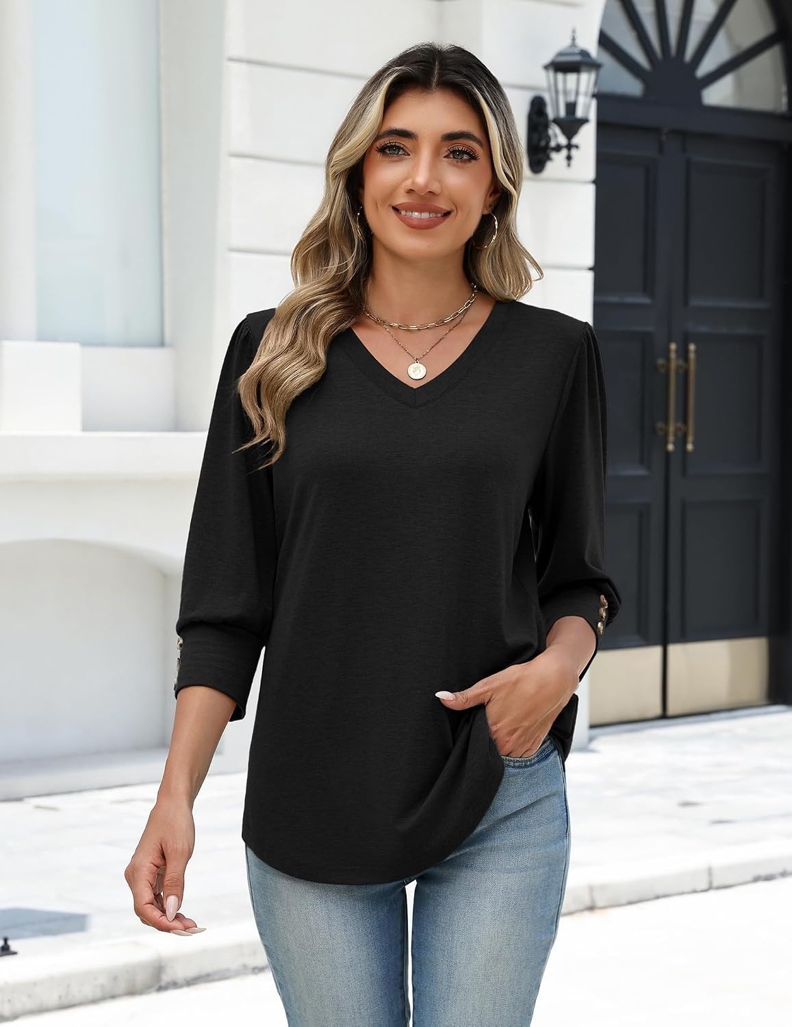 image:imageZeagoo Womens 34 Sleeve V Neck T Shirts Dressy Casual Tops04black