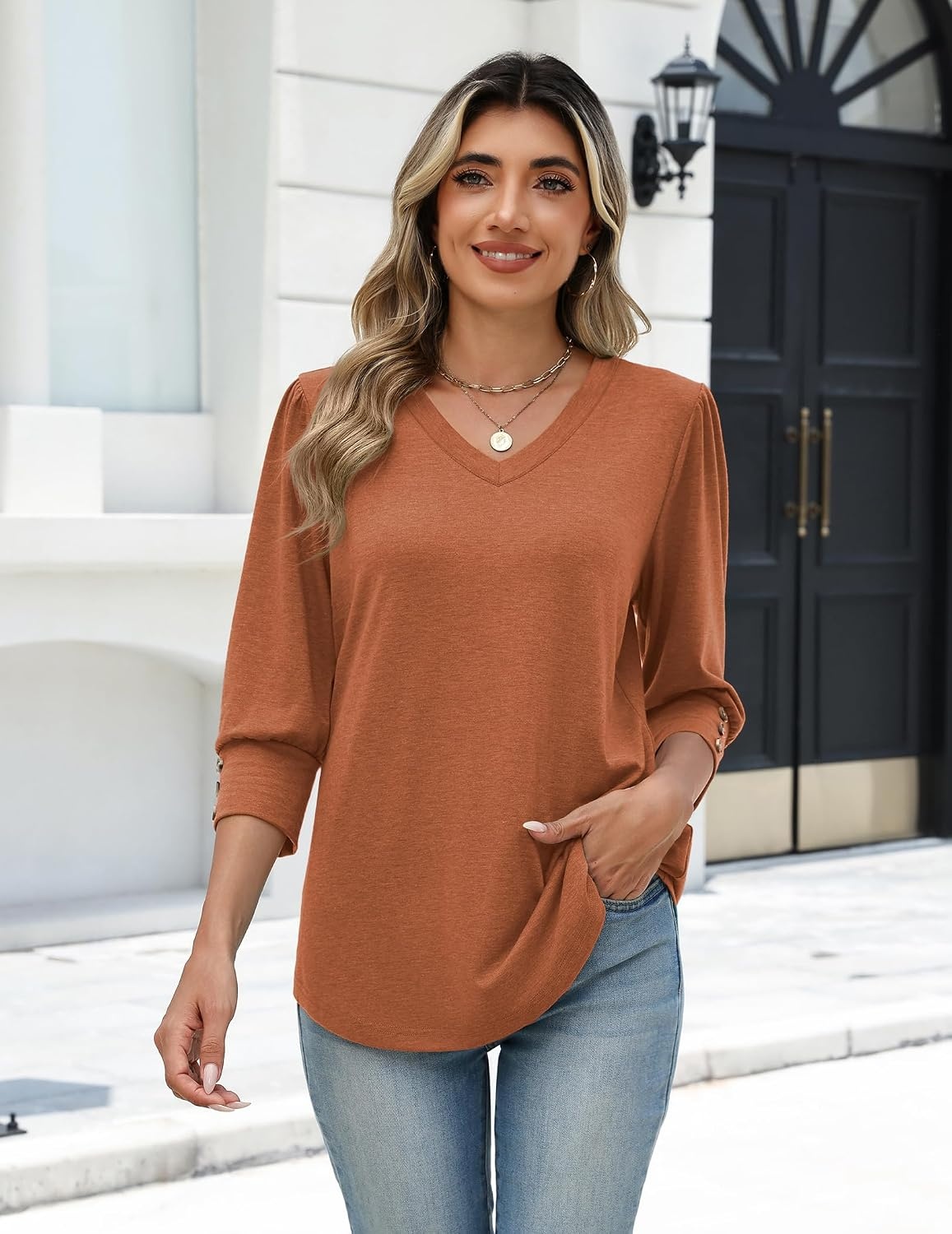 image:imageZeagoo Womens 34 Sleeve V Neck T Shirts Dressy Casual Tops04caramel
