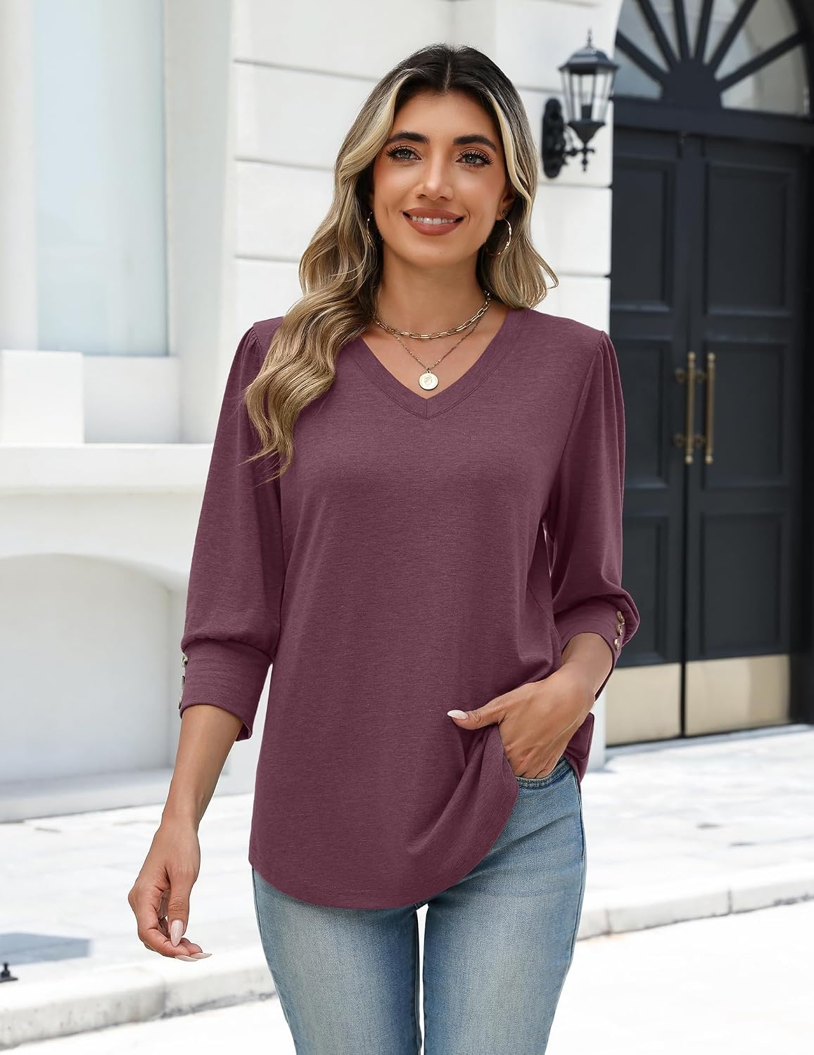 image:imageZeagoo Womens 34 Sleeve V Neck T Shirts Dressy Casual Tops04dark Red