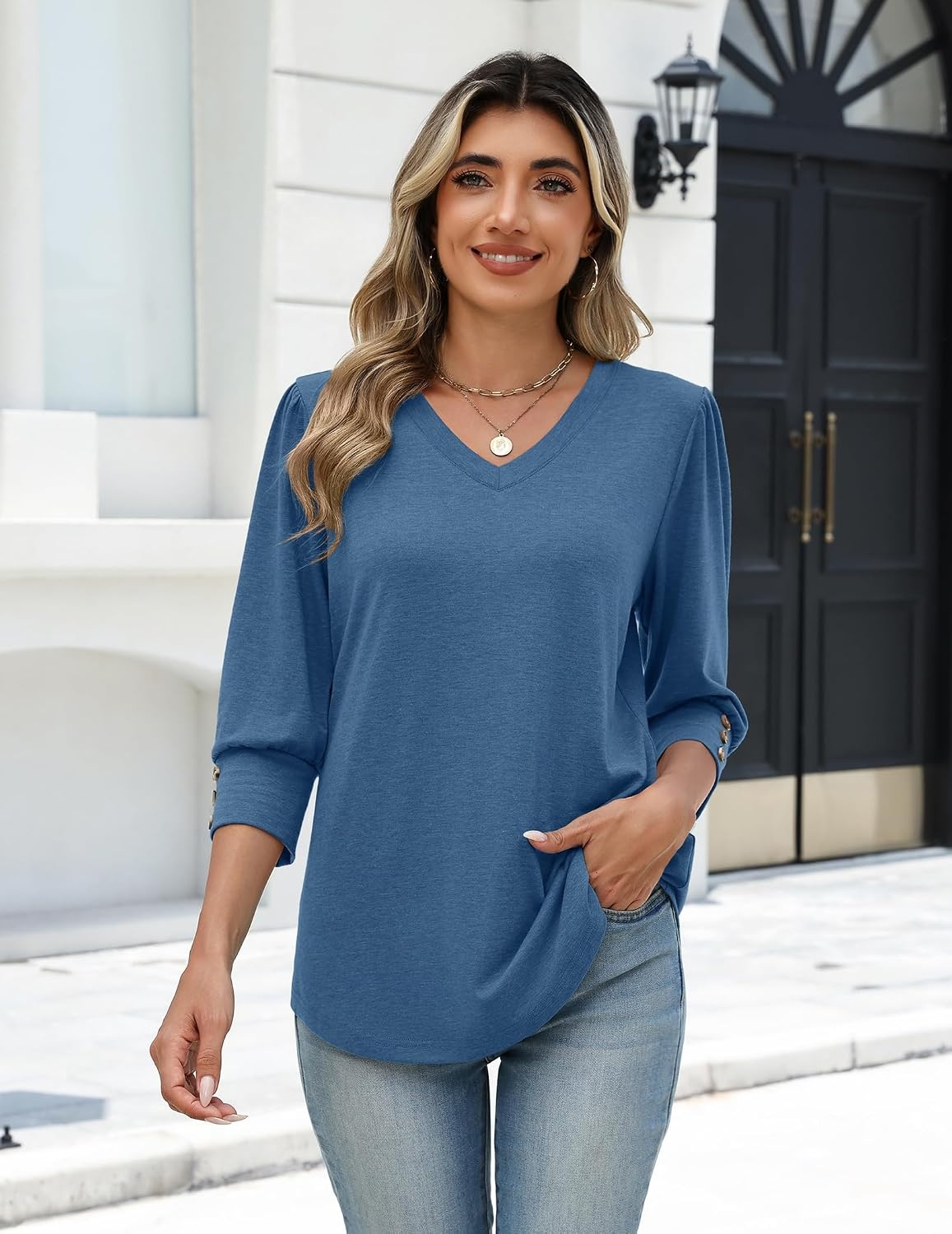 image:imageZeagoo Womens 34 Sleeve V Neck T Shirts Dressy Casual Tops04haze Blue