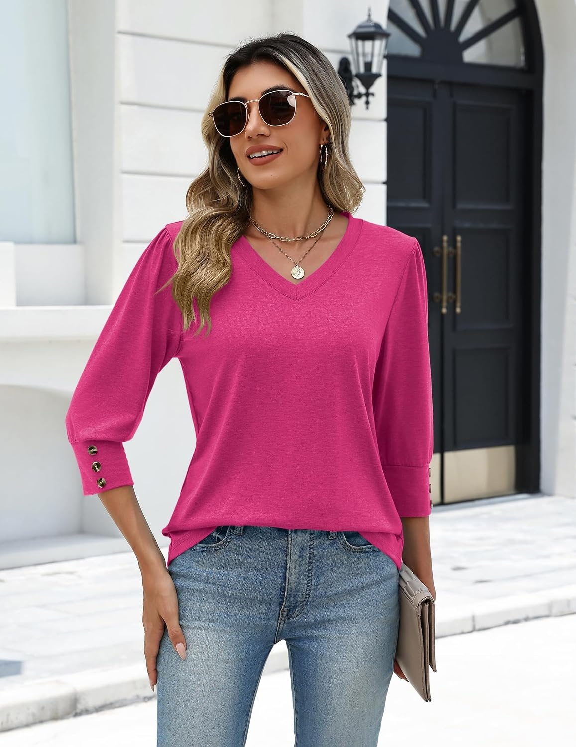 image:imageZeagoo Womens 34 Sleeve V Neck T Shirts Dressy Casual Tops04hot Pink