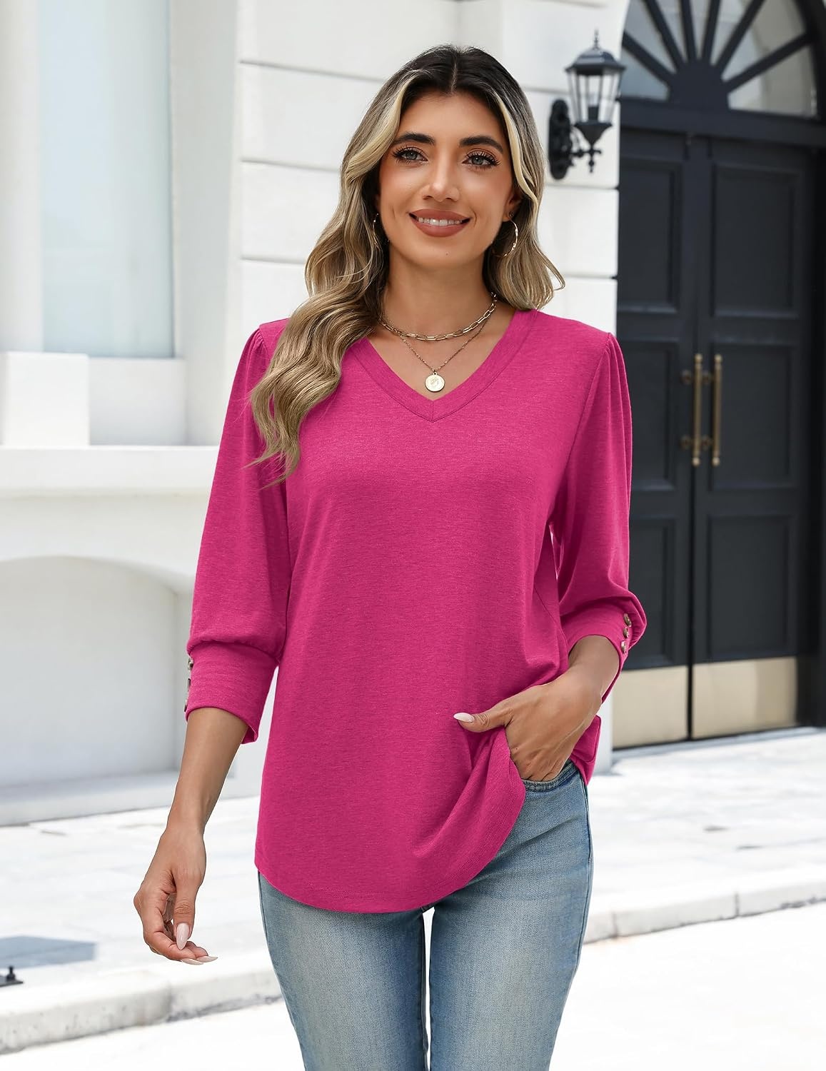 image:imageZeagoo Womens 34 Sleeve V Neck T Shirts Dressy Casual Tops04hot Pink
