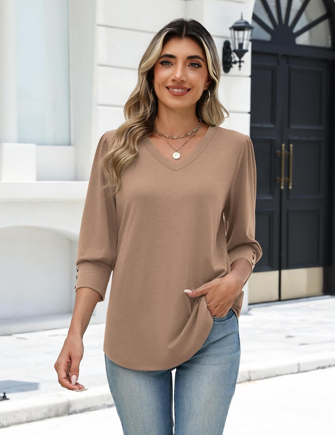 image:imageZeagoo Womens 34 Sleeve V Neck T Shirts Dressy Casual Tops04khaki