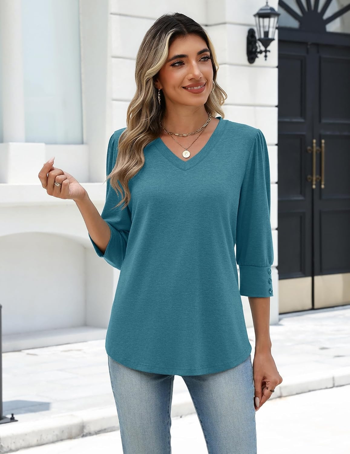 image:imageZeagoo Womens 34 Sleeve V Neck T Shirts Dressy Casual Tops04peacock Blue