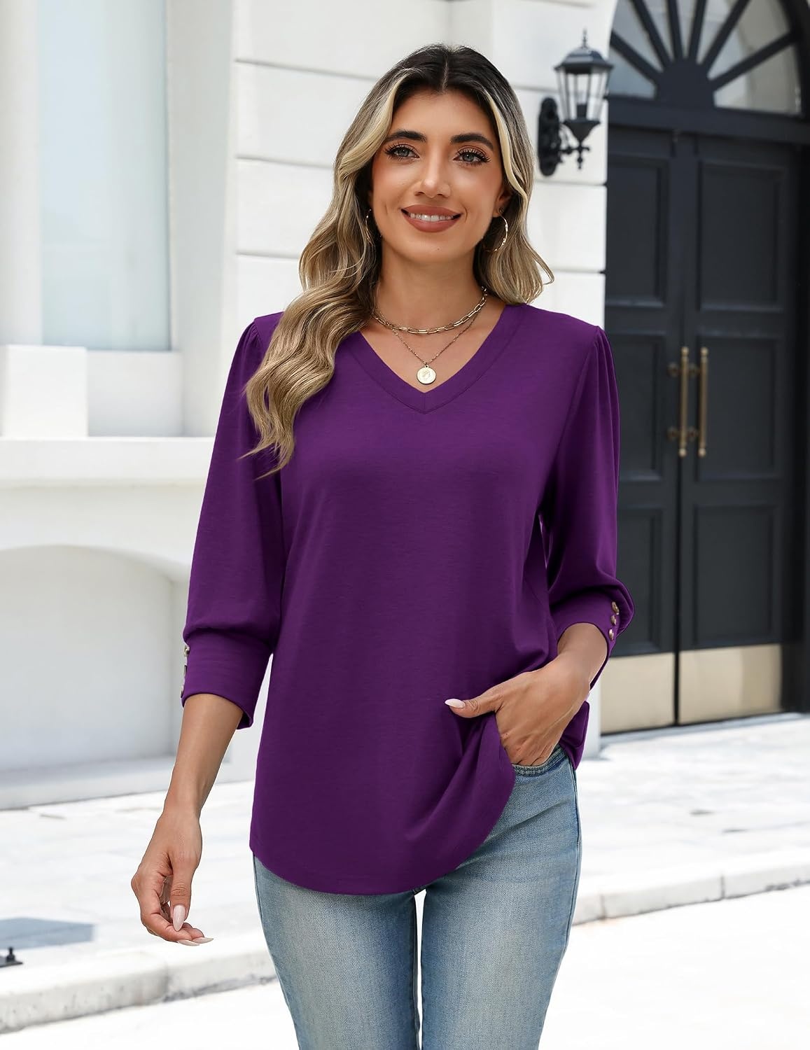 image:imageZeagoo Womens 34 Sleeve V Neck T Shirts Dressy Casual Tops04purple