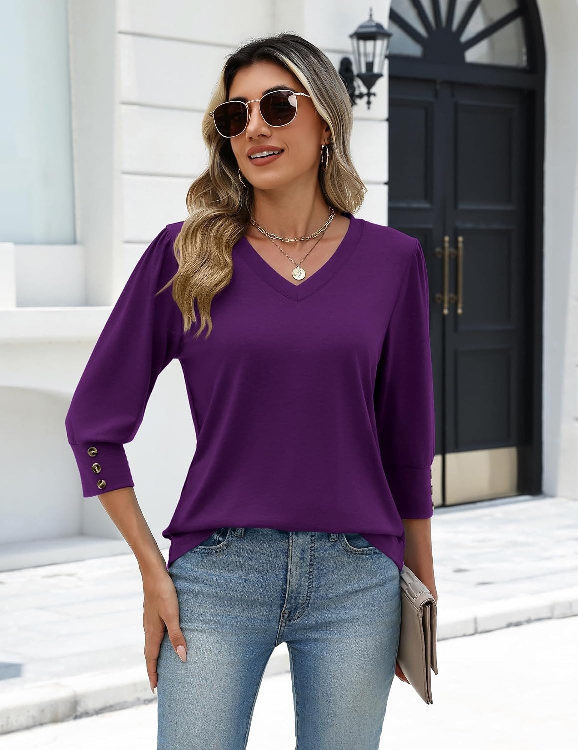 image:imageZeagoo Womens 34 Sleeve V Neck T Shirts Dressy Casual Tops04purple