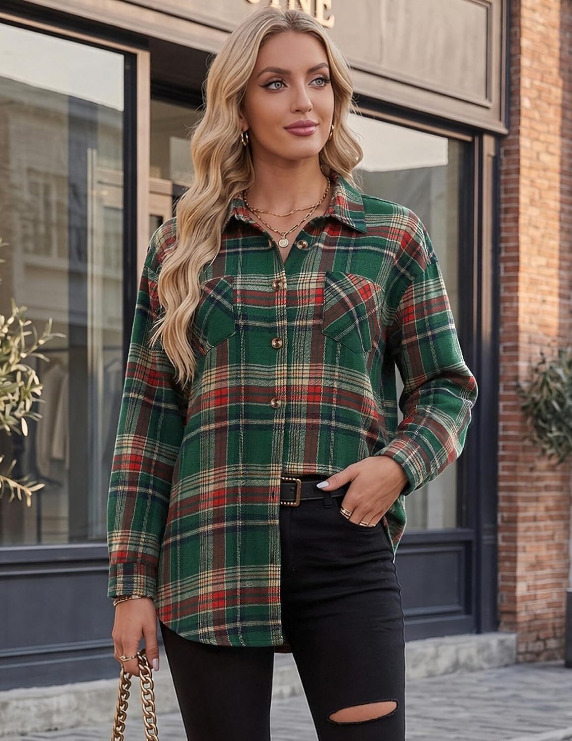 image:imageZeagoo Womens Flannel Shirts Long Sleeve Button Down Casual Fall Plaid Top14green Gw553
