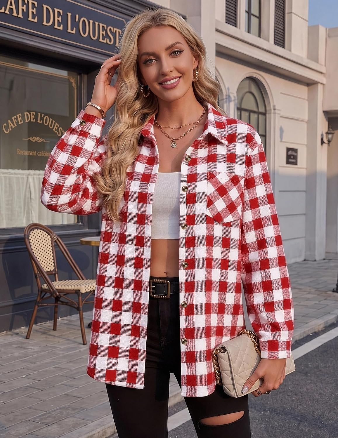image:imageZeagoo Womens Flannel Shirts Long Sleeve Button Down Casual Fall Plaid Top16red White Gz192