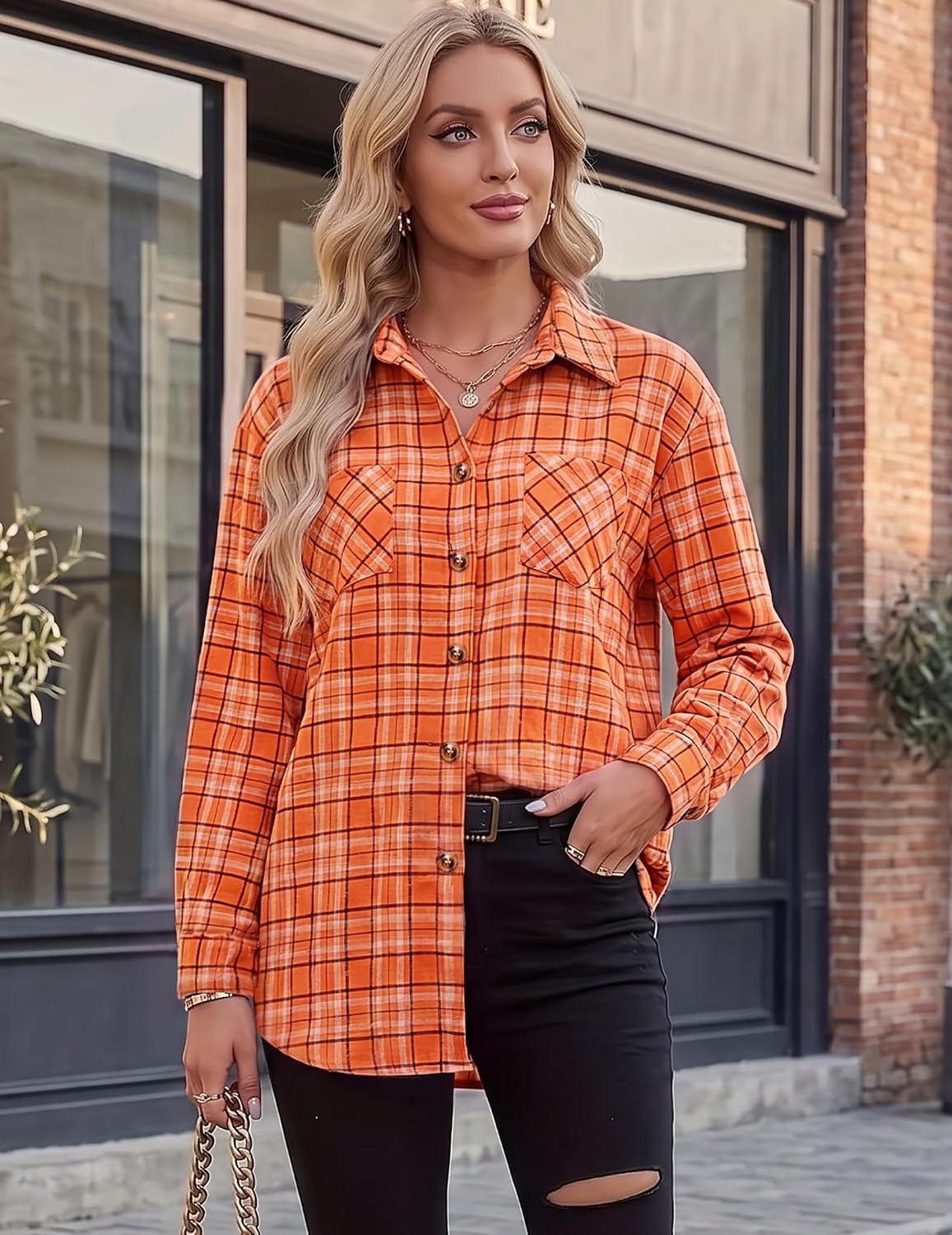 image:imageZeagoo Womens Flannel Shirts Long Sleeve Button Down Casual Fall Plaid Top20orange Gw689