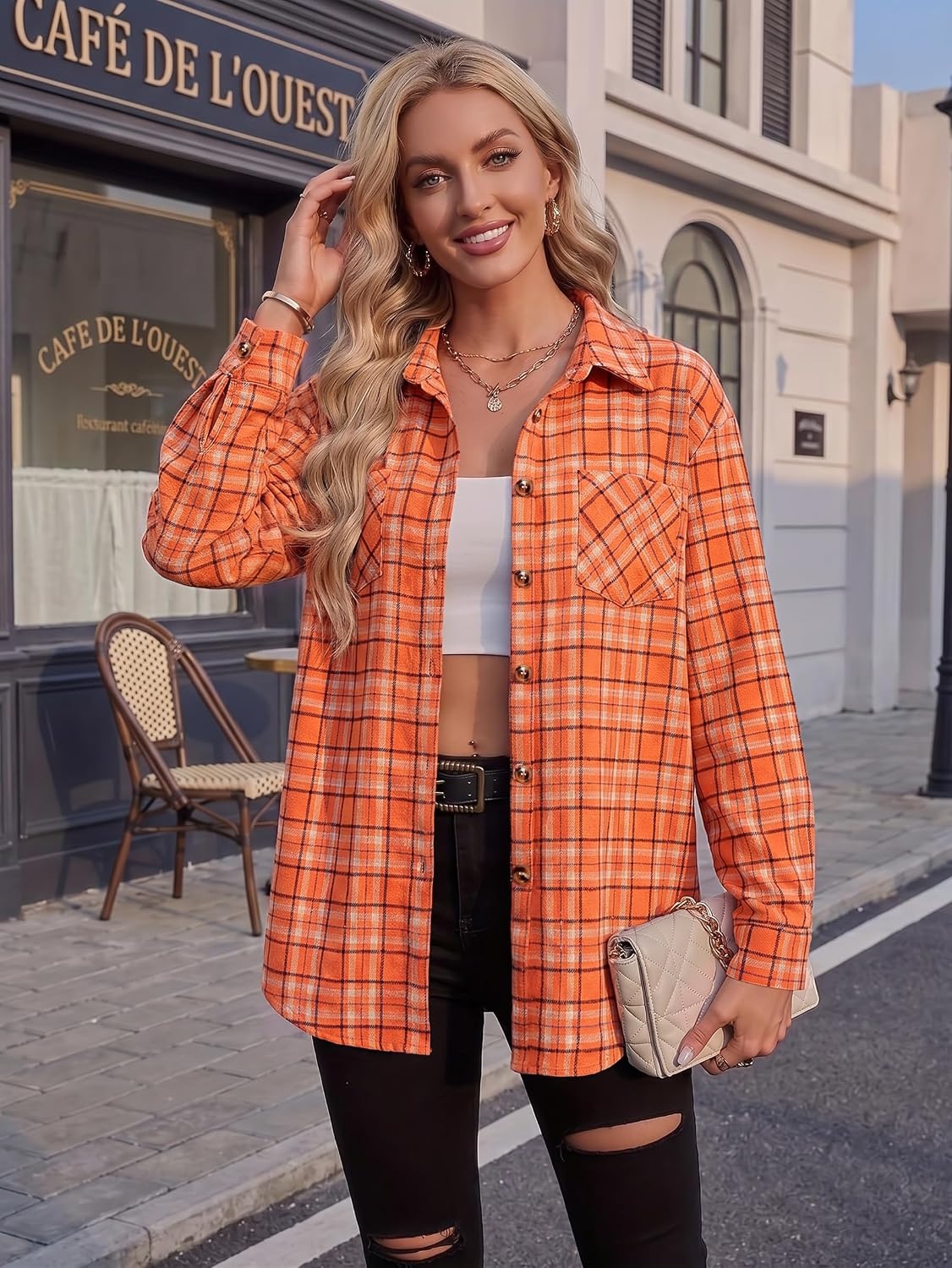 image:imageZeagoo Womens Flannel Shirts Long Sleeve Button Down Casual Fall Plaid Top20orange Gw689