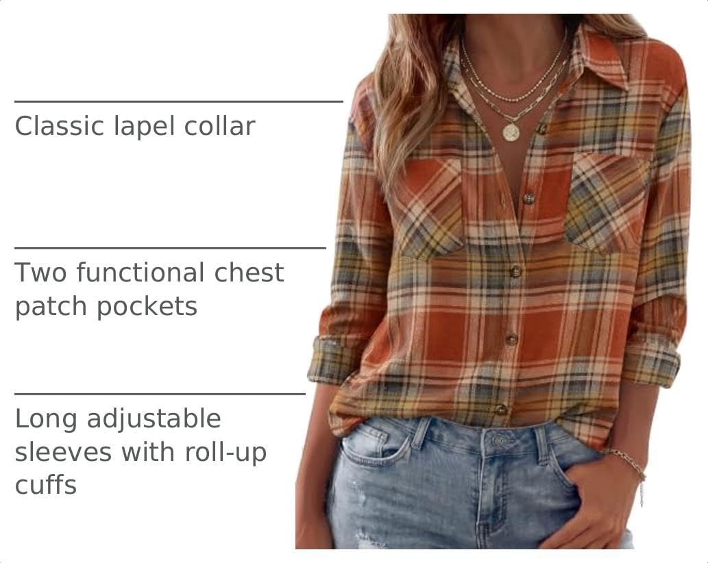 image:imageZeagoo Womens Flannel Shirts Long Sleeve Button Down Casual Fall Plaid Top2orange Gw185