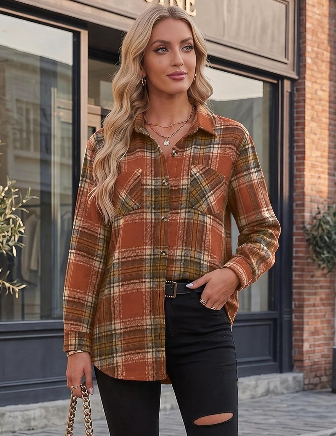 image:imageZeagoo Womens Flannel Shirts Long Sleeve Button Down Casual Fall Plaid Top2orange Gw185