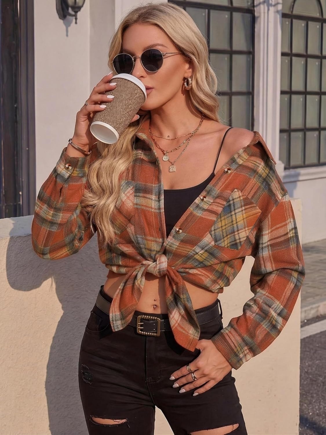 image:imageZeagoo Womens Flannel Shirts Long Sleeve Button Down Casual Fall Plaid Top2orange Gw185