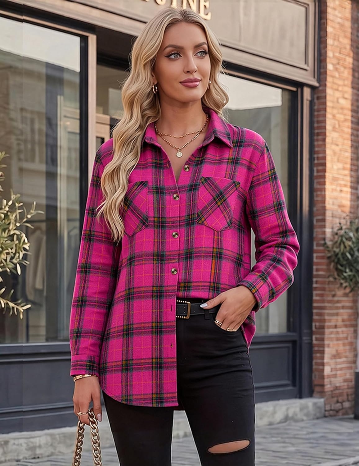 image:imageZeagoo Womens Flannel Shirts Long Sleeve Button Down Casual Fall Plaid Top3pink Gw715