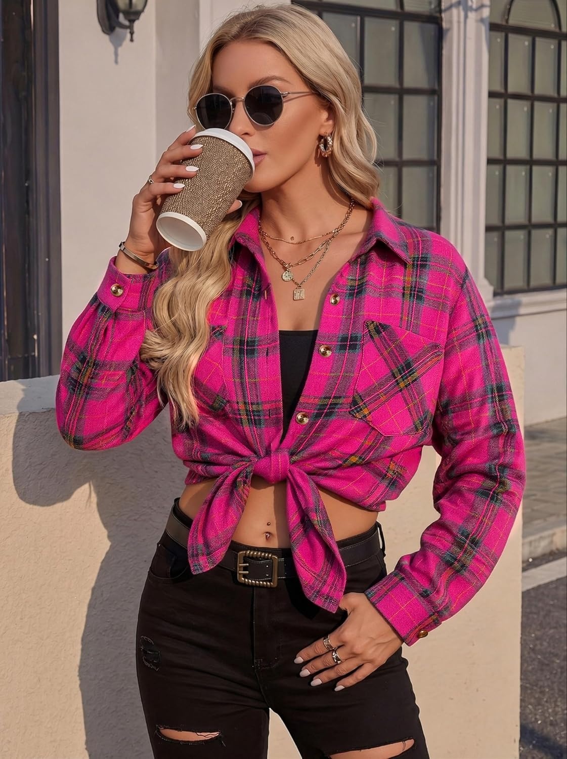 image:imageZeagoo Womens Flannel Shirts Long Sleeve Button Down Casual Fall Plaid Top3pink Gw715