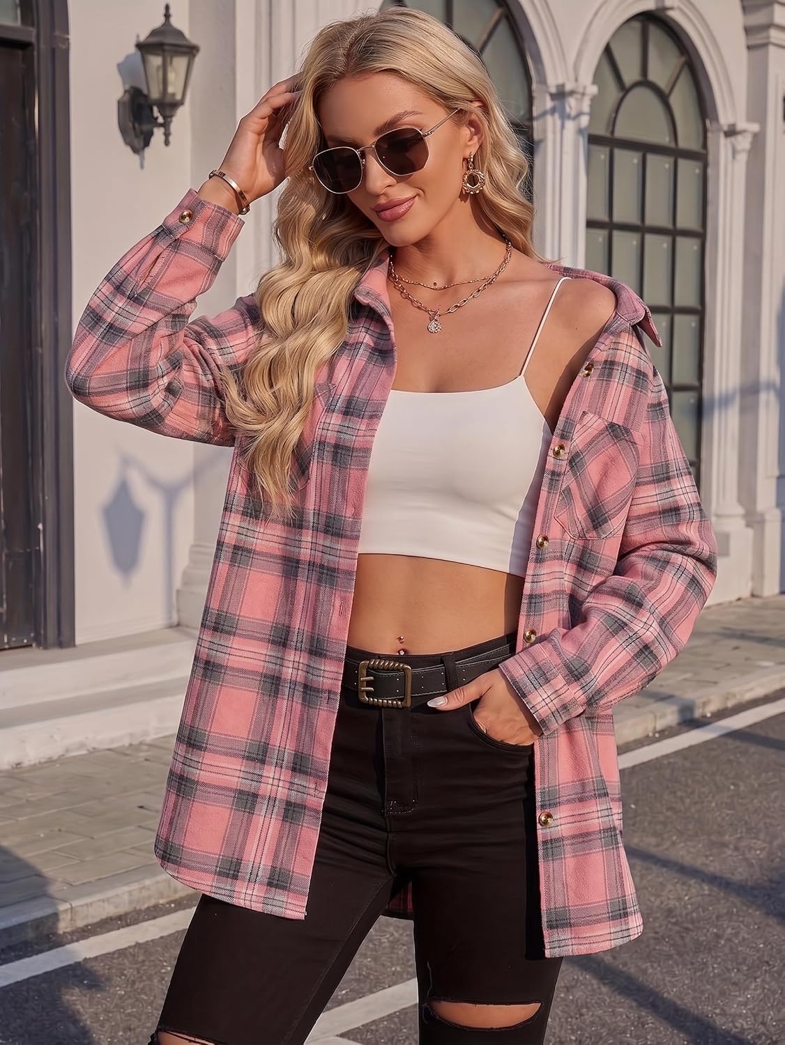 image:imageZeagoo Womens Flannel Shirts Long Sleeve Button Down Casual Fall Plaid Top4pink Gw720