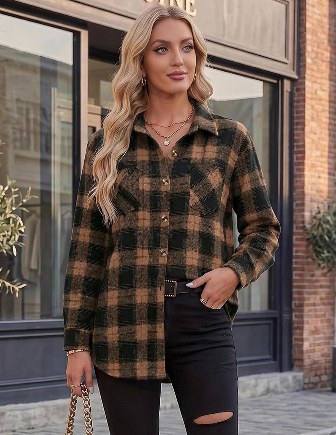 image:imageZeagoo Womens Flannel Shirts Long Sleeve Button Down Casual Fall Plaid Top5khaki Gz803