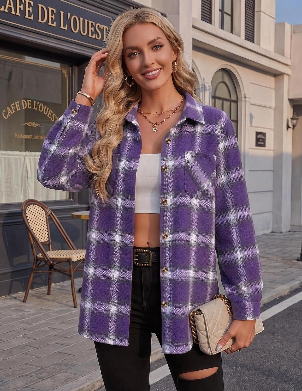 image:imageZeagoo Womens Flannel Shirts Long Sleeve Button Down Casual Fall Plaid Top6purple Gz678