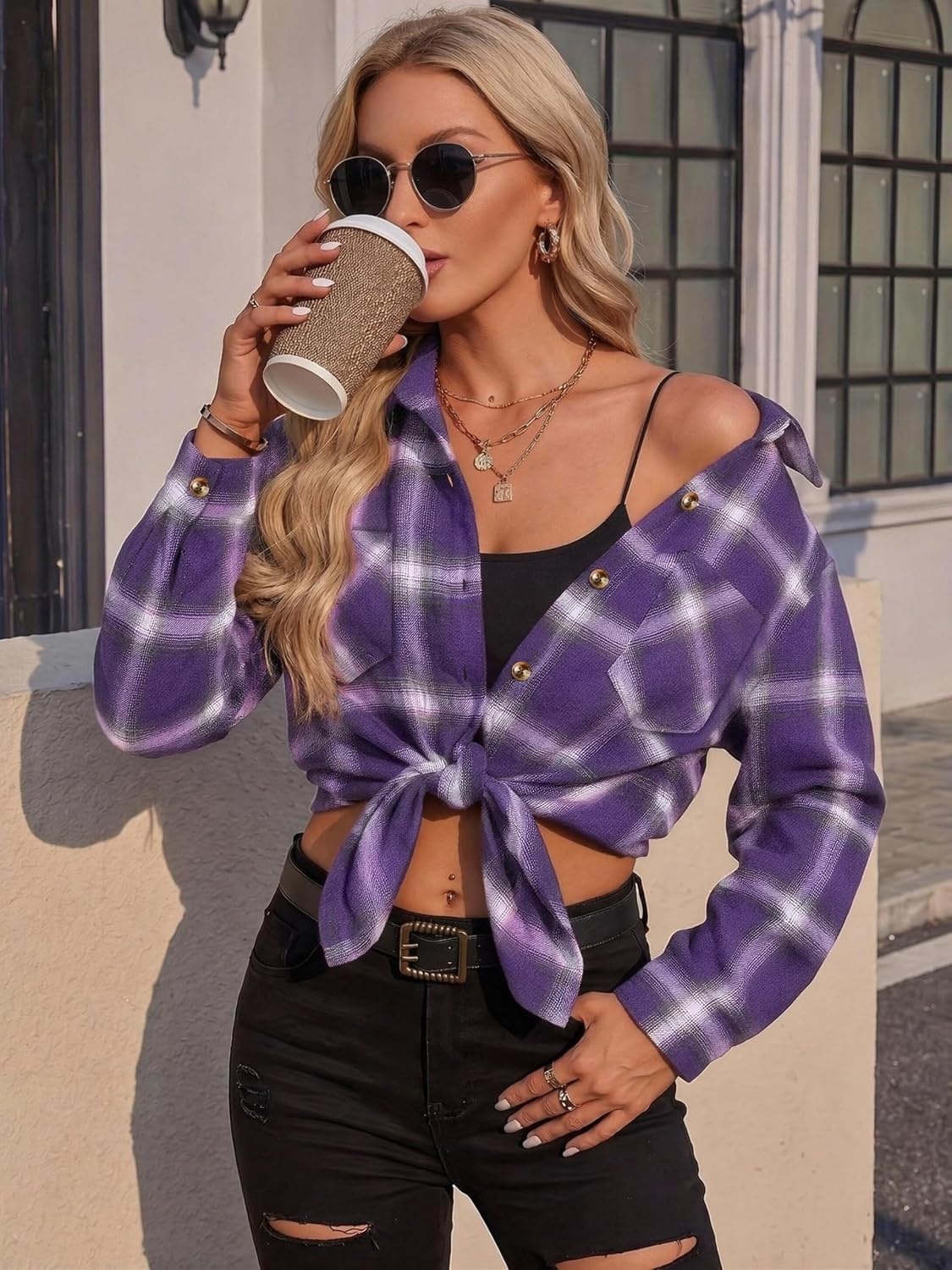 image:imageZeagoo Womens Flannel Shirts Long Sleeve Button Down Casual Fall Plaid Top6purple Gz678