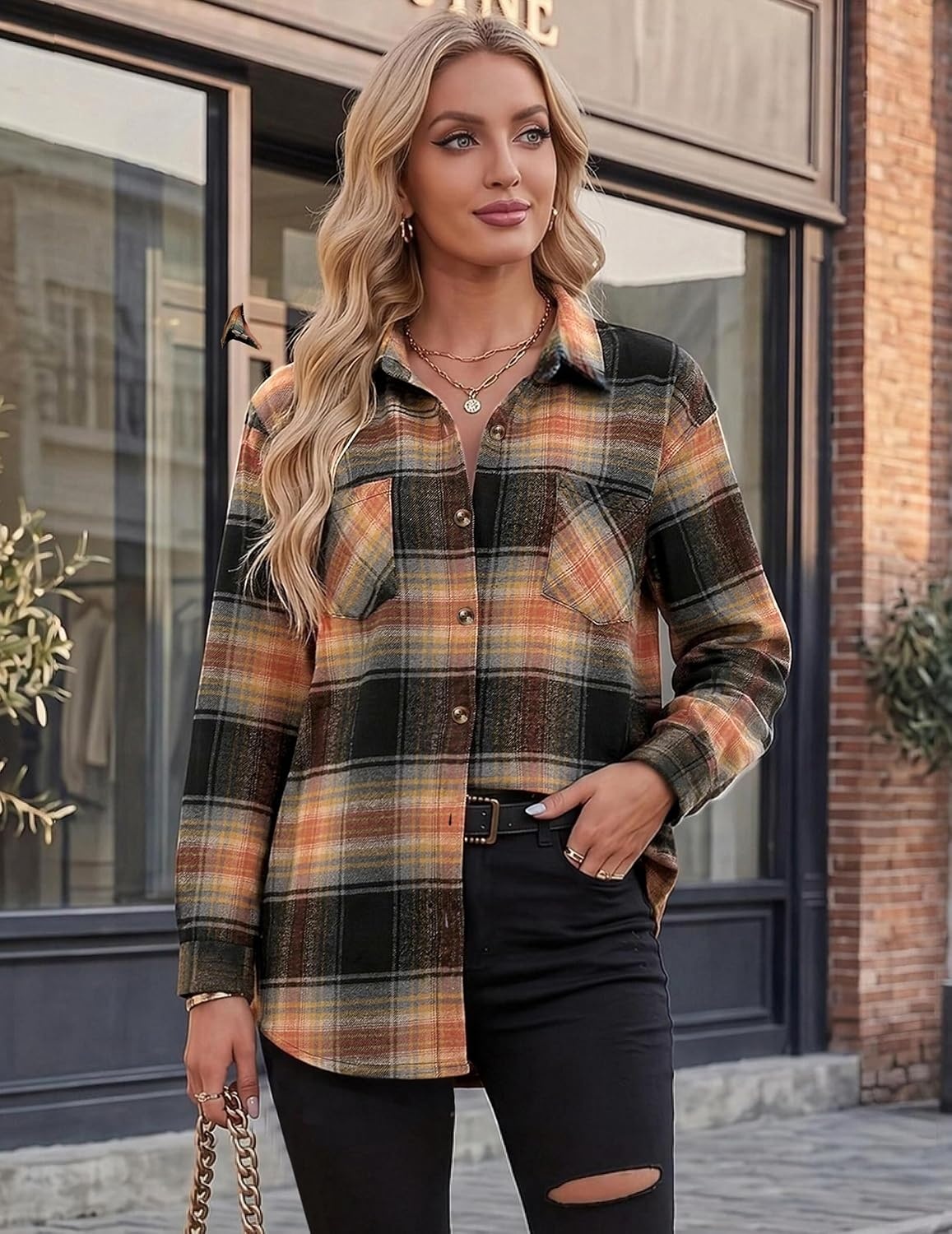 image:imageZeagoo Womens Flannel Shirts Long Sleeve Button Down Casual Fall Plaid Top7orange Gz719
