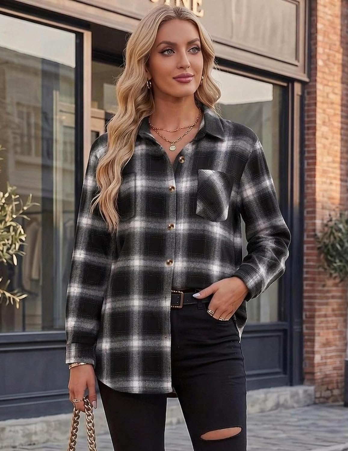 image:imageZeagoo Womens Flannel Shirts Long Sleeve Button Down Casual Fall Plaid Top9black Gz564