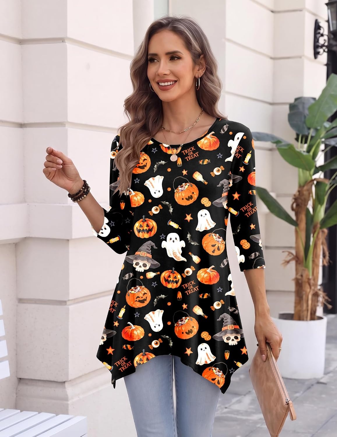 image:imageZeagoo Womens Tops 34 Sleeve loose fit dressy Tunics Plus Size Boho ShirtsBlack Pumpkinws116