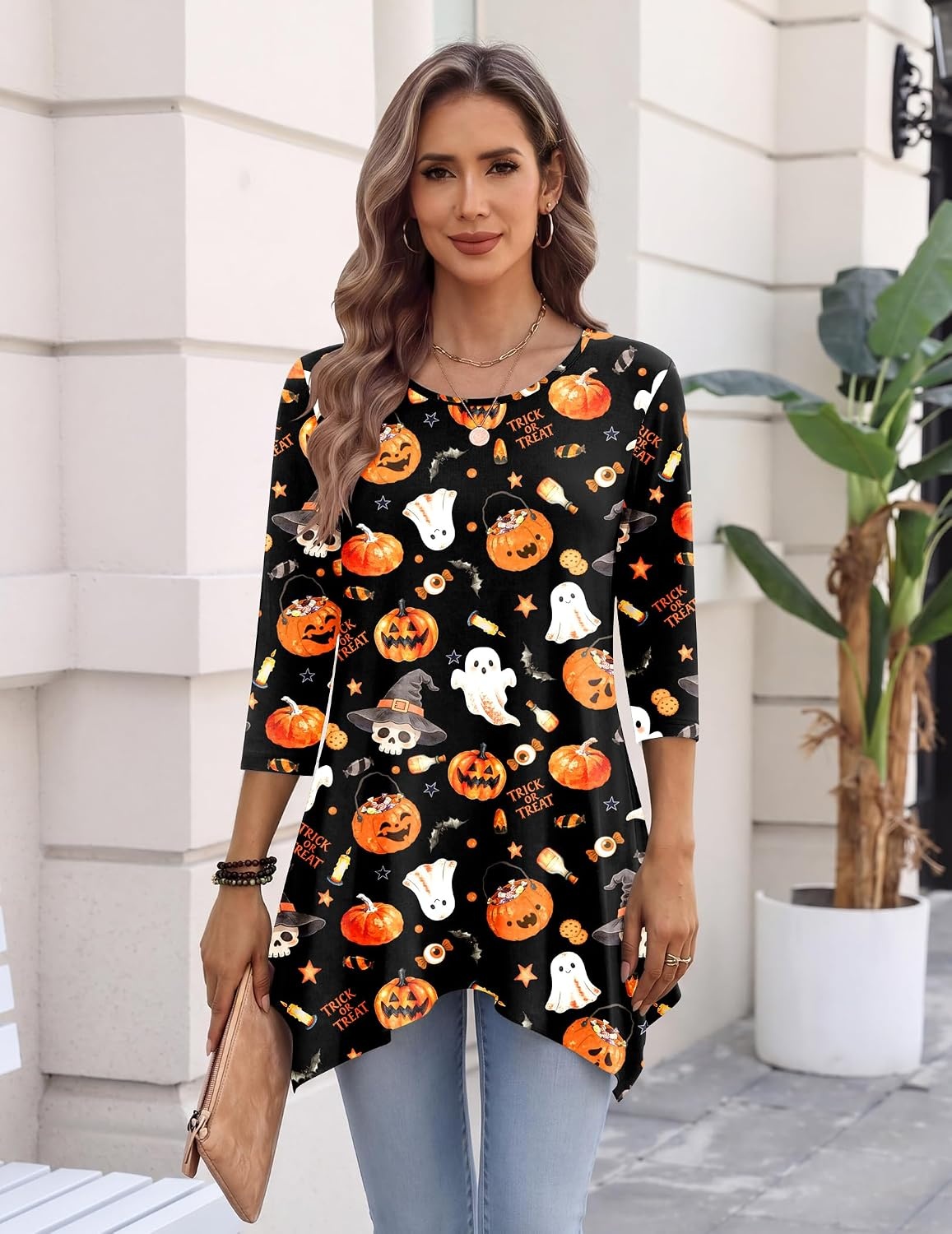 image:imageZeagoo Womens Tops 34 Sleeve loose fit dressy Tunics Plus Size Boho ShirtsBlack Pumpkinws116
