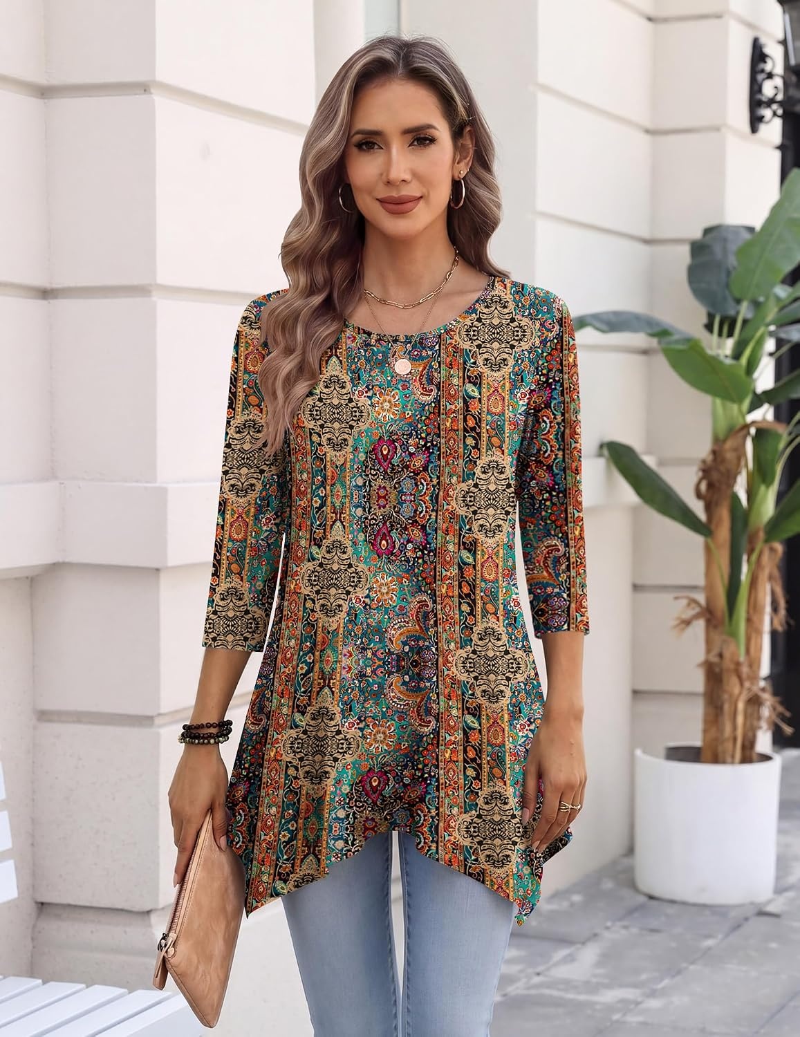 image:imageZeagoo Womens Tops 34 Sleeve loose fit dressy Tunics Plus Size Boho ShirtsMz721