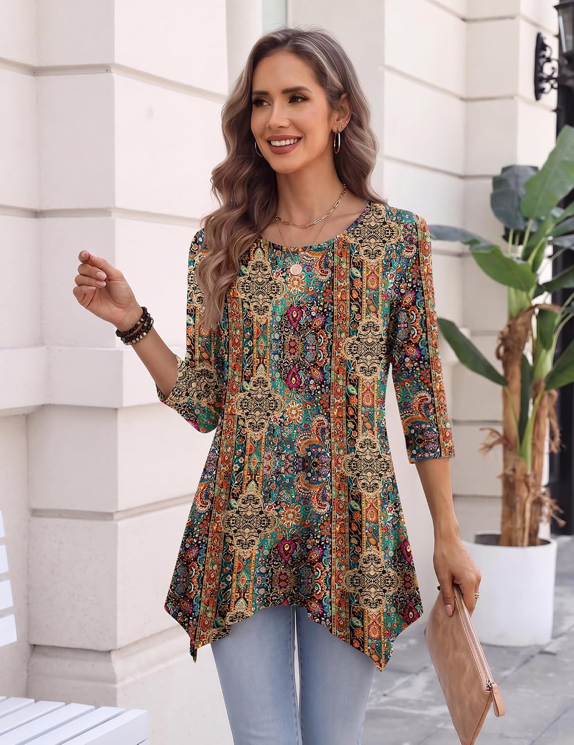 image:imageZeagoo Womens Tops 34 Sleeve loose fit dressy Tunics Plus Size Boho ShirtsMz721