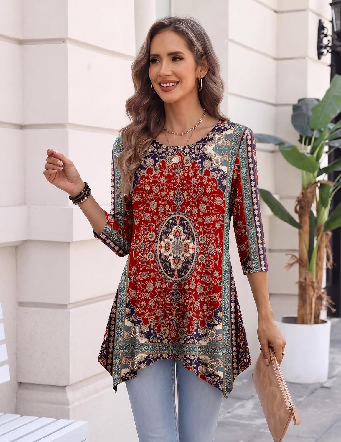 image:imageZeagoo Womens Tops 34 Sleeve loose fit dressy Tunics Plus Size Boho ShirtsMz870