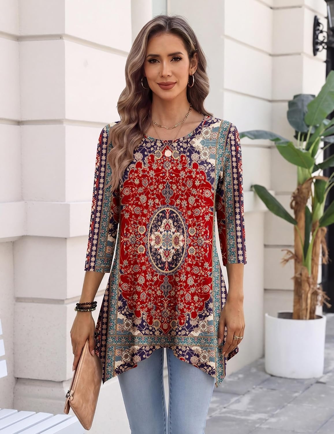 image:imageZeagoo Womens Tops 34 Sleeve loose fit dressy Tunics Plus Size Boho ShirtsMz870