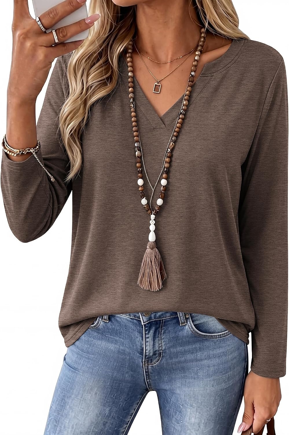 image:imageZeagoo Womens Tops Long Sleeve V Neck Tee Shirts Cute Dressy CasualBbrown