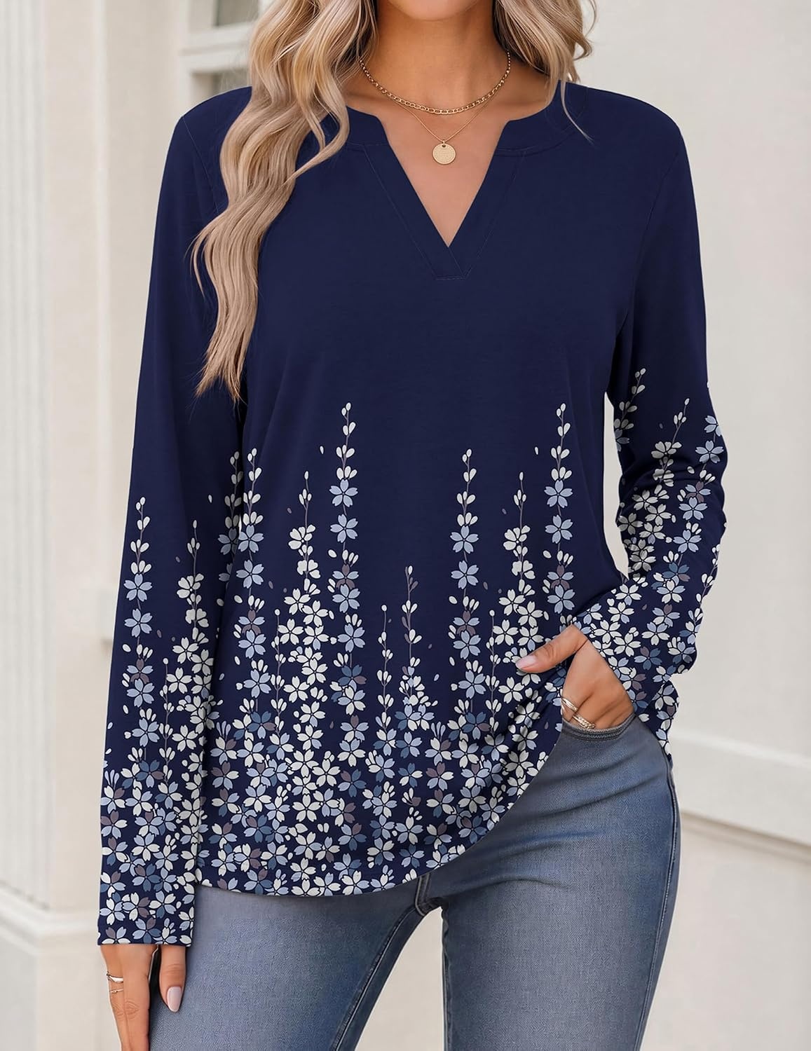 image:imageZeagoo Womens Tops Long Sleeve V Neck Tee Shirts Cute Dressy CasualBlue Flowers Sf388