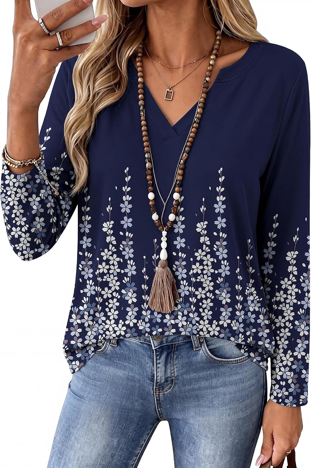 image:imageZeagoo Womens Tops Long Sleeve V Neck Tee Shirts Cute Dressy CasualBlue Flowers Sf388