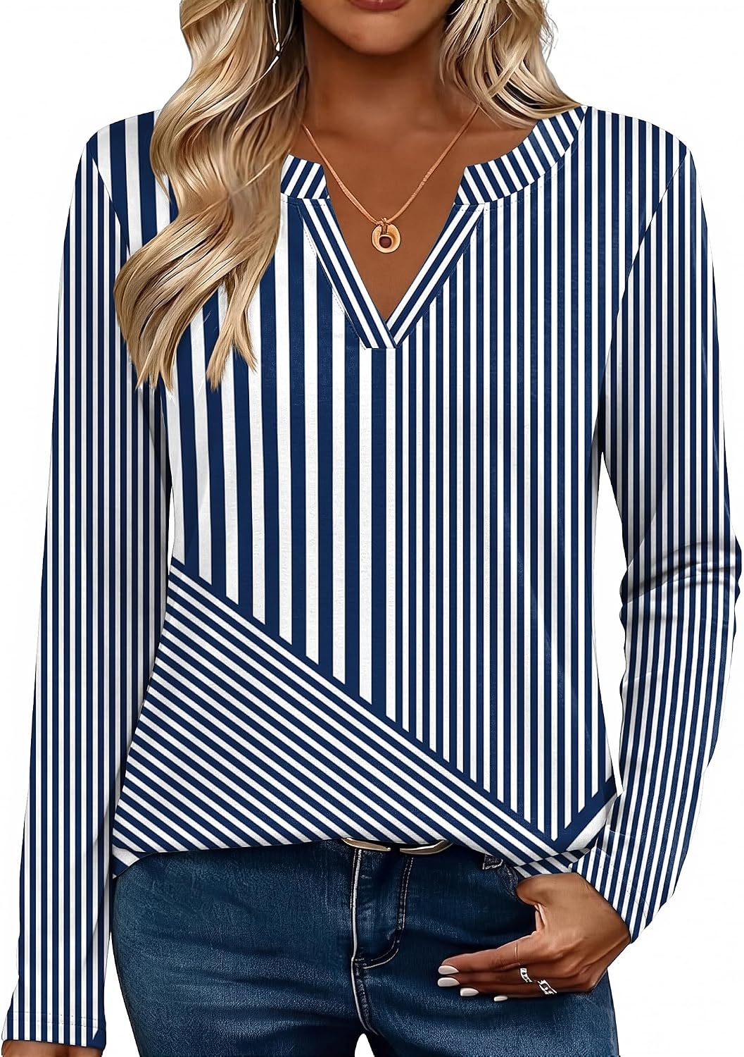 image:imageZeagoo Womens Tops Long Sleeve V Neck Tee Shirts Cute Dressy CasualBlue Stripes Tz480