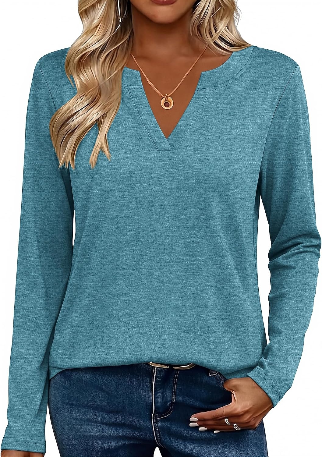 image:imageZeagoo Womens Tops Long Sleeve V Neck Tee Shirts Cute Dressy CasualBturquoise