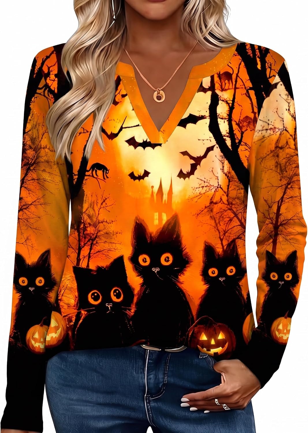 image:imageZeagoo Womens Tops Long Sleeve V Neck Tee Shirts Cute Dressy CasualHalloween Orange Cat Ws88