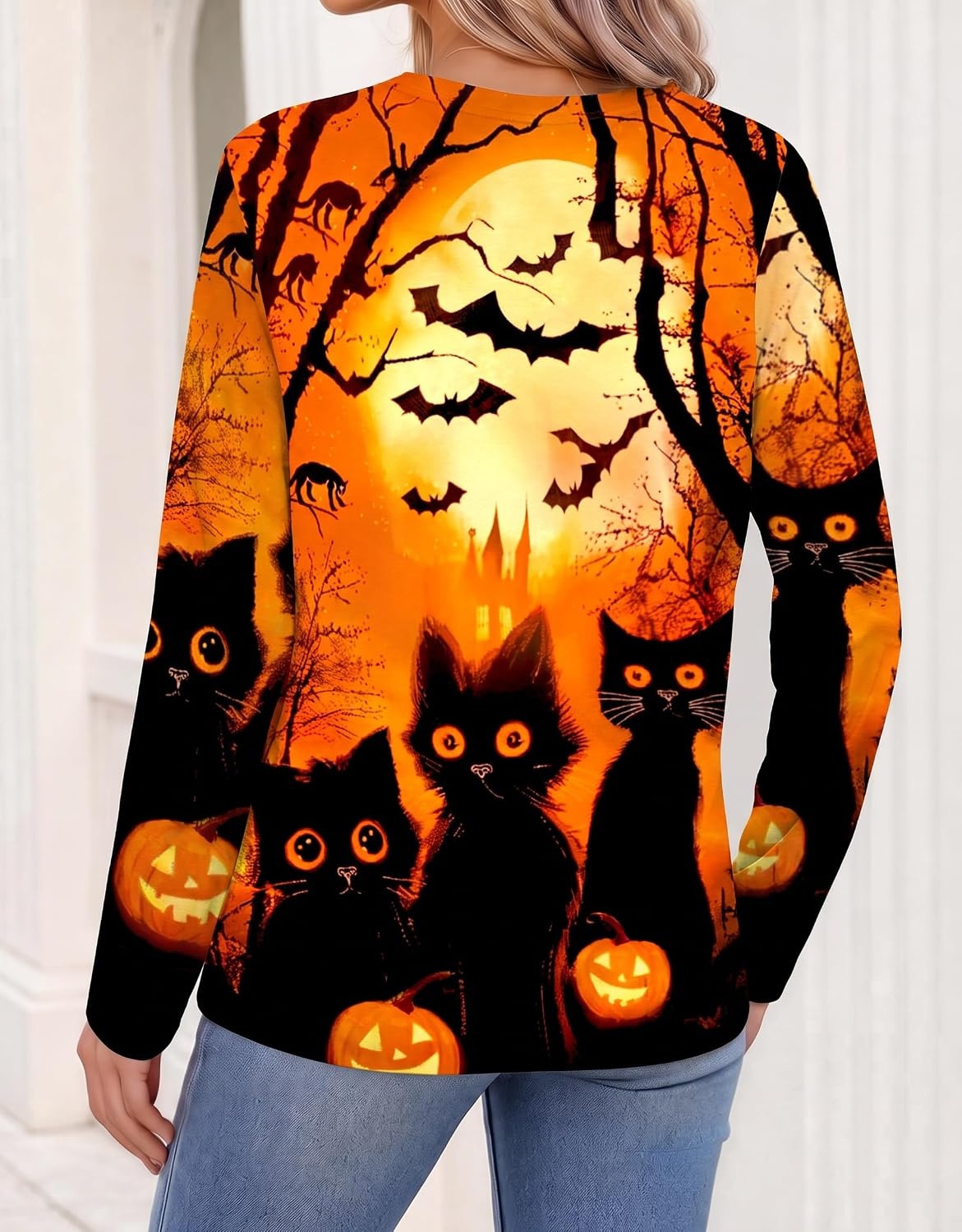 image:imageZeagoo Womens Tops Long Sleeve V Neck Tee Shirts Cute Dressy CasualHalloween Orange Cat Ws88