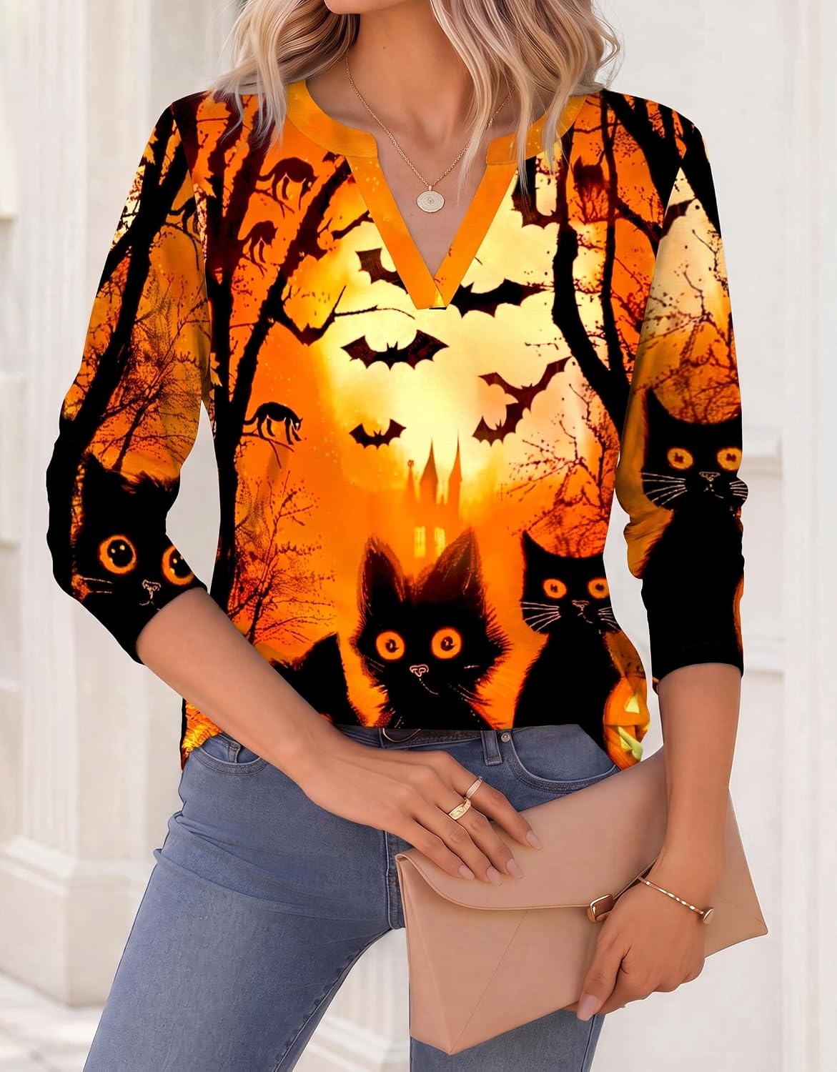image:imageZeagoo Womens Tops Long Sleeve V Neck Tee Shirts Cute Dressy CasualHalloween Orange Cat Ws88