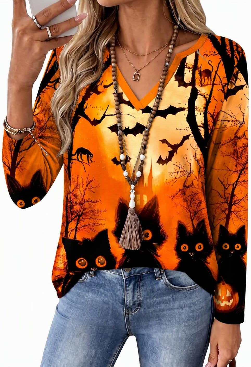 image:imageZeagoo Womens Tops Long Sleeve V Neck Tee Shirts Cute Dressy CasualHalloween Orange Cat Ws88