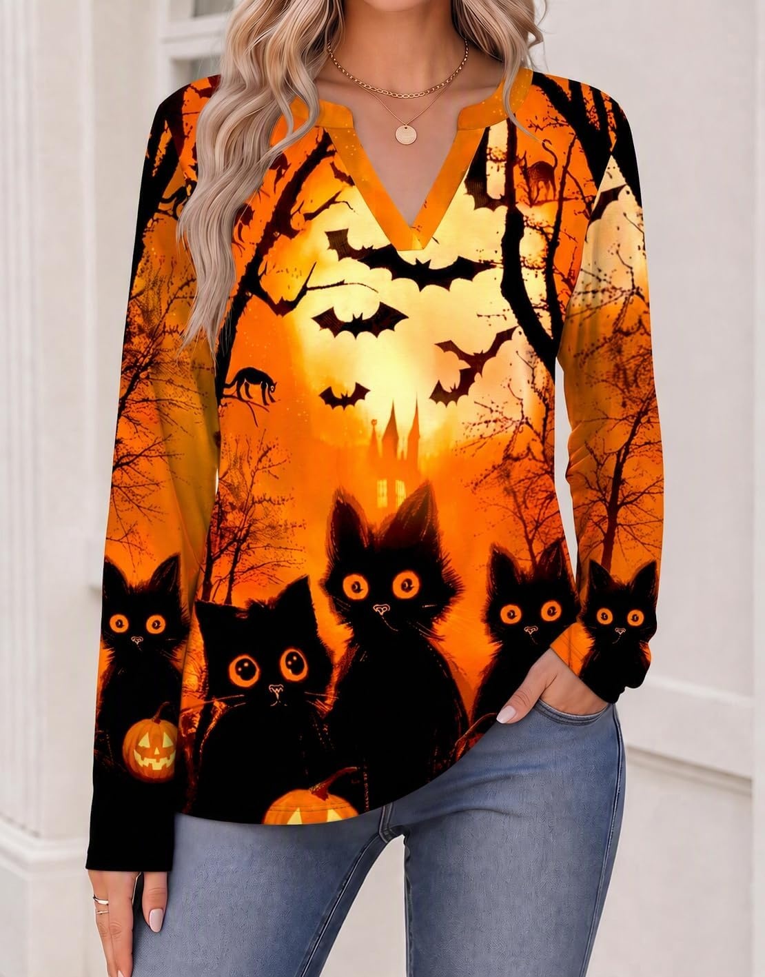 image:imageZeagoo Womens Tops Long Sleeve V Neck Tee Shirts Cute Dressy CasualHalloween Orange Cat Ws88