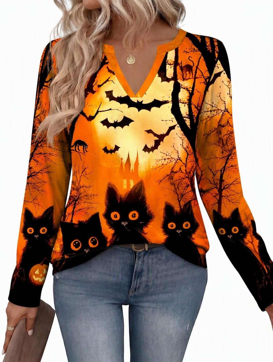 image:imageZeagoo Womens Tops Long Sleeve V Neck Tee Shirts Cute Dressy CasualHalloween Orange Cat Ws88