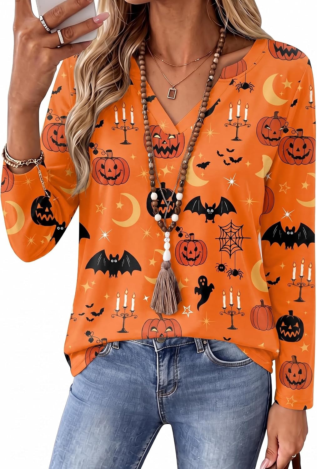 image:imageZeagoo Womens Tops Long Sleeve V Neck Tee Shirts Cute Dressy CasualHalloween Orange Pumpkins Ws85