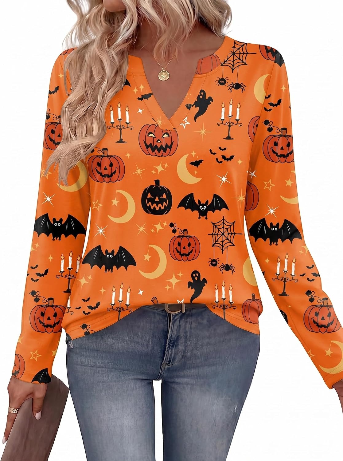 image:imageZeagoo Womens Tops Long Sleeve V Neck Tee Shirts Cute Dressy CasualHalloween Orange Pumpkins Ws85