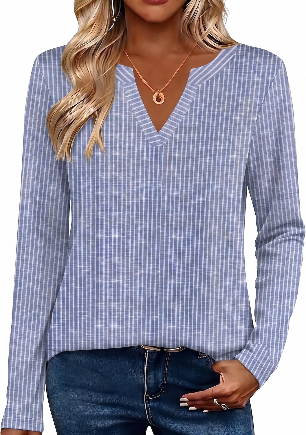 image:imageZeagoo Womens Tops Long Sleeve V Neck Tee Shirts Cute Dressy CasualLight Blue Striped Tz273