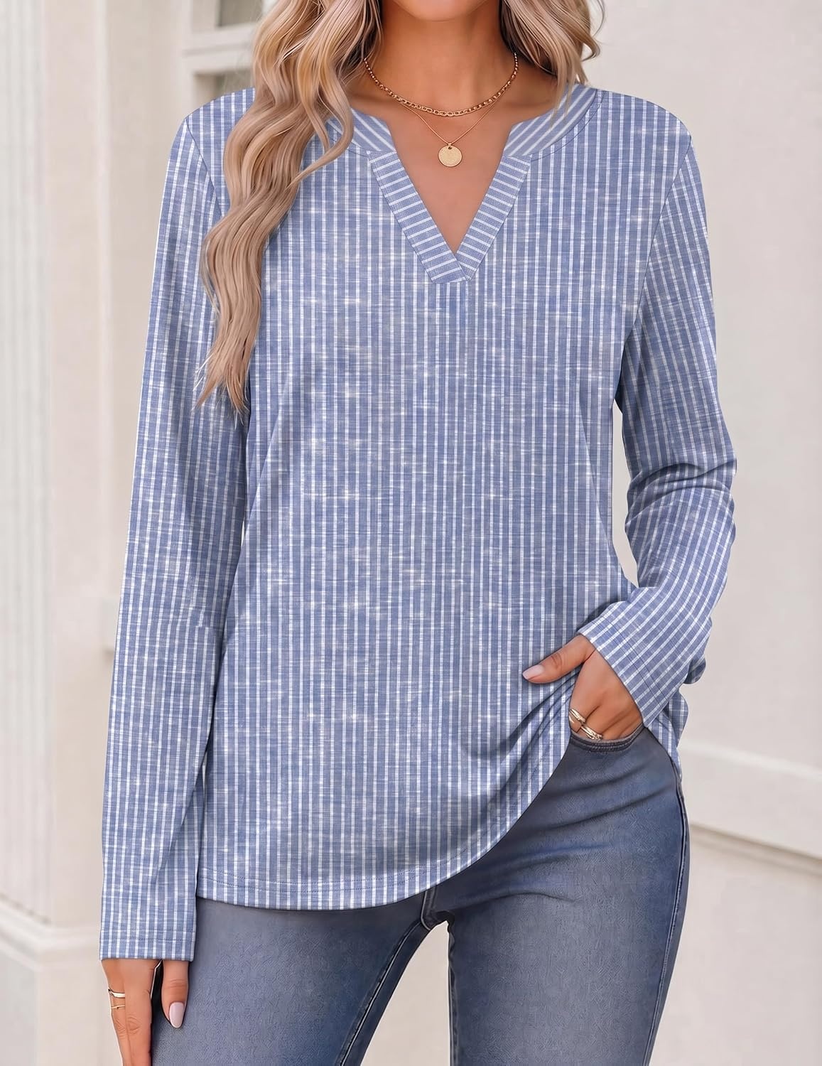image:imageZeagoo Womens Tops Long Sleeve V Neck Tee Shirts Cute Dressy CasualLight Blue Striped Tz273